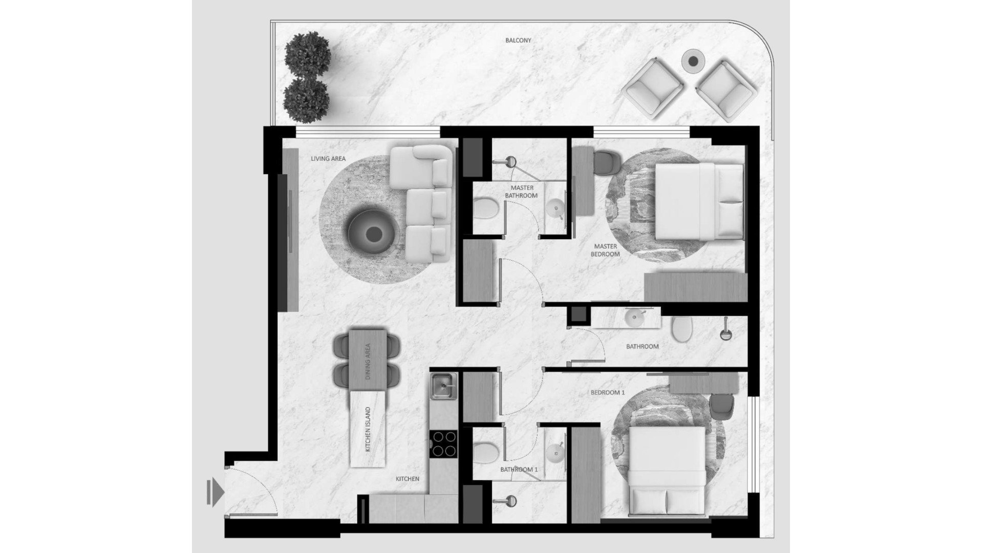 Планировка квартиры 2 спальни в ЖК Aark Terraces № 11009